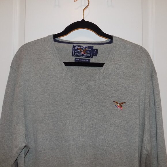 AMERICAN LIVING XL Gray Cotton V-neck Sweater Embroidered Eagle USA Flag - Picture 1 of 5